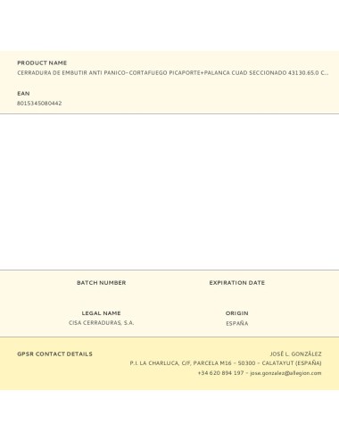 Cerradura de embutir anti panico-cortafuego picaporte+palanca cuad seccionado 43130.65.0 cisa