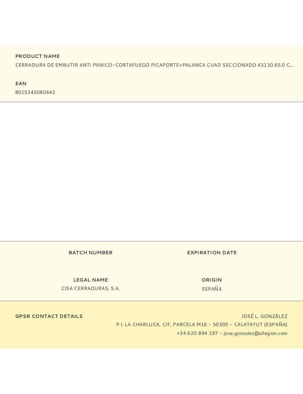 Cerradura de embutir anti panico-cortafuego picaporte+palanca cuad seccionado 43130.65.0 cisa