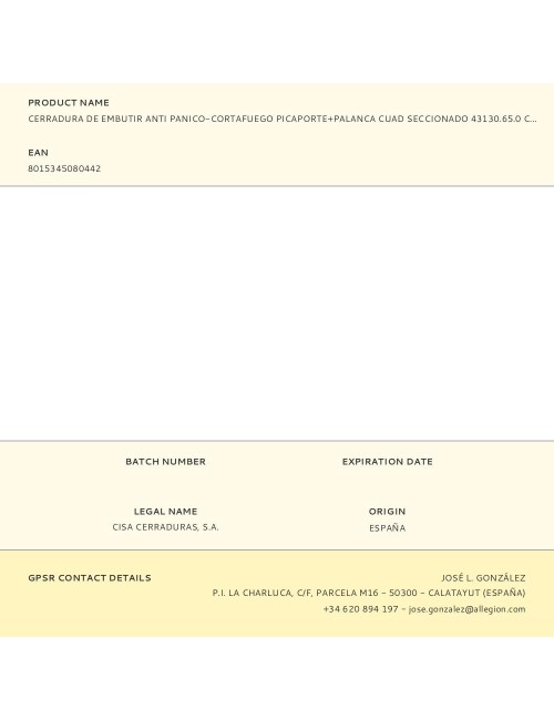 Cerradura de embutir anti panico-cortafuego picaporte+palanca cuad seccionado 43130.65.0 cisa