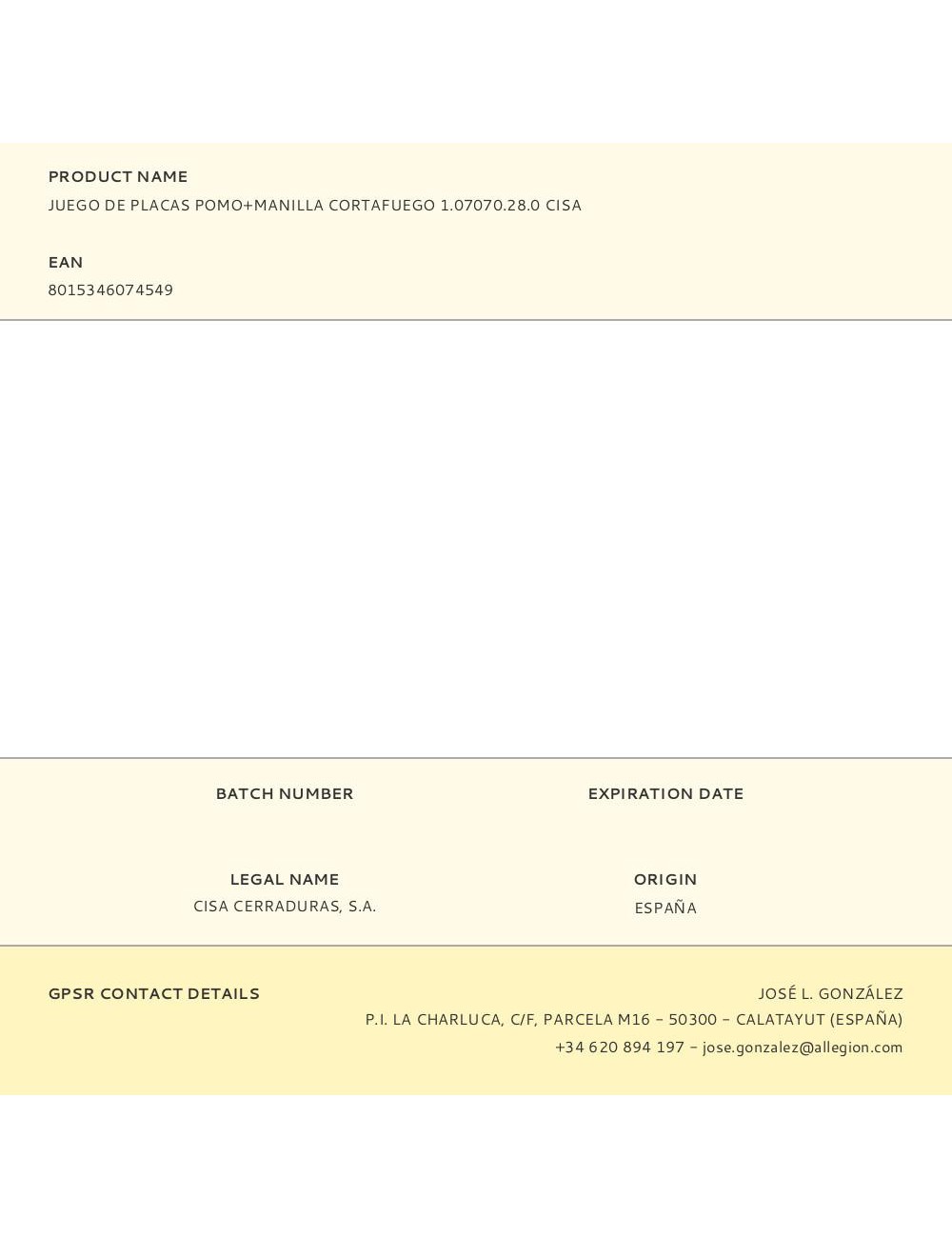 Juego de placas pomo+manilla cortafuego 1.07070.28.0 cisa