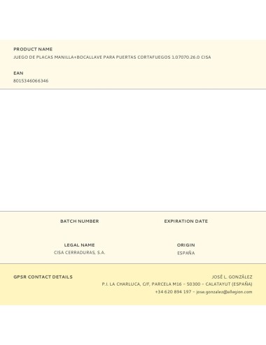 Juego de placas manilla+bocallave para puertas cortafuegos 1.07070.26.0 cisa