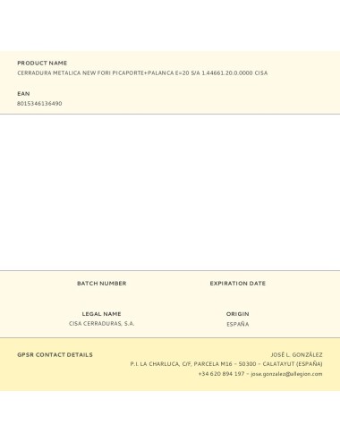 Cerradura metalica new fori picaporte+palanca e20 s/a 1.44661.20.0.0000 cisa