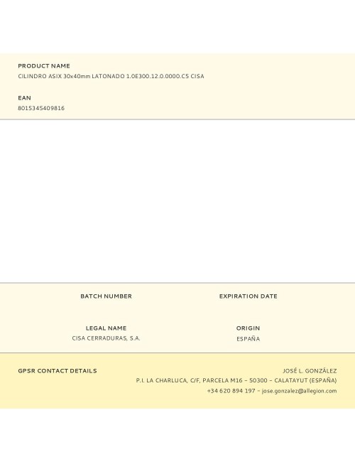 Cilindro asix 30x40mm latonado 1.0e300.12.0.0000.c5 cisa