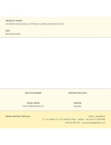 Cilindro asix 45x45mm latonado 1.0e300.29.0.0000.c5 cisa