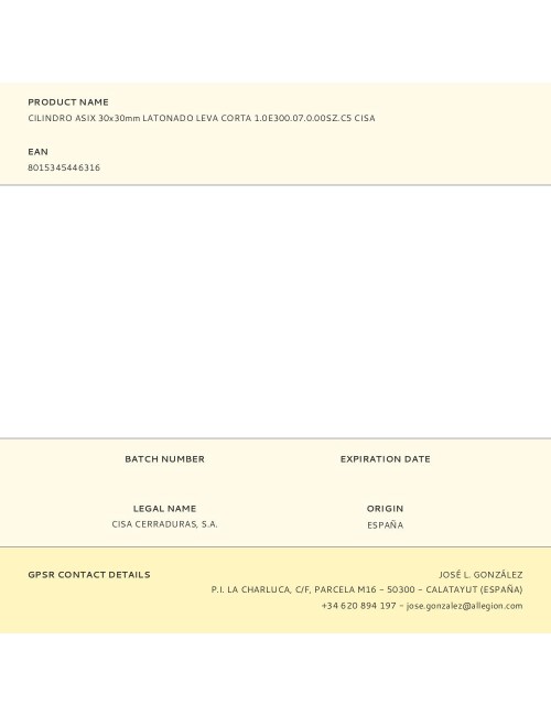 Cilindro asix 30x30mm latonado leva corta 1.0e300.07.0.00sz.c5 cisa