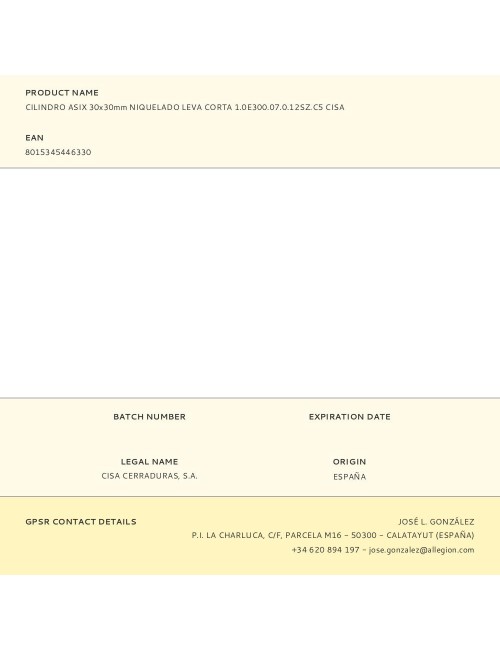 Cilindro asix 30x30mm niquelado leva corta 1.0e300.07.0.12sz.c5 cisa