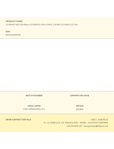 Cilindro asix 30x40mm latonado leva corta 1.0e300.12.0.00sz.c5 cisa