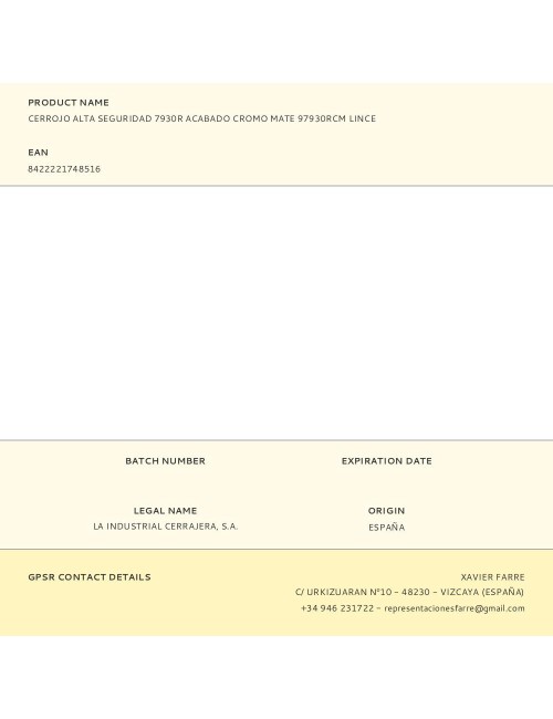 Cerrojo alta seguridad 7930r acabado cromo mate 97930rcm lince