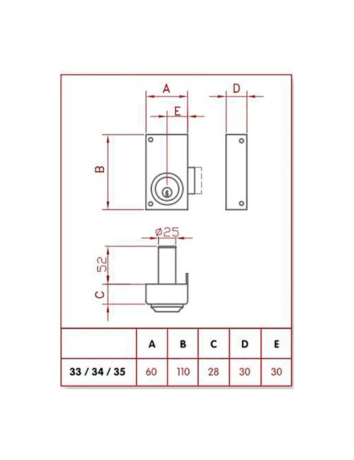 Cerradura de sobreponer solo llave. derecha jis 33-6d jis