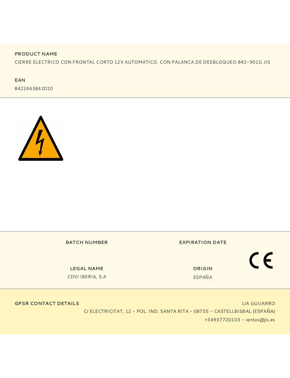 Cierre electrico con frontal corto 12v automatico, con palanca de desbloqueo 842-901g jis