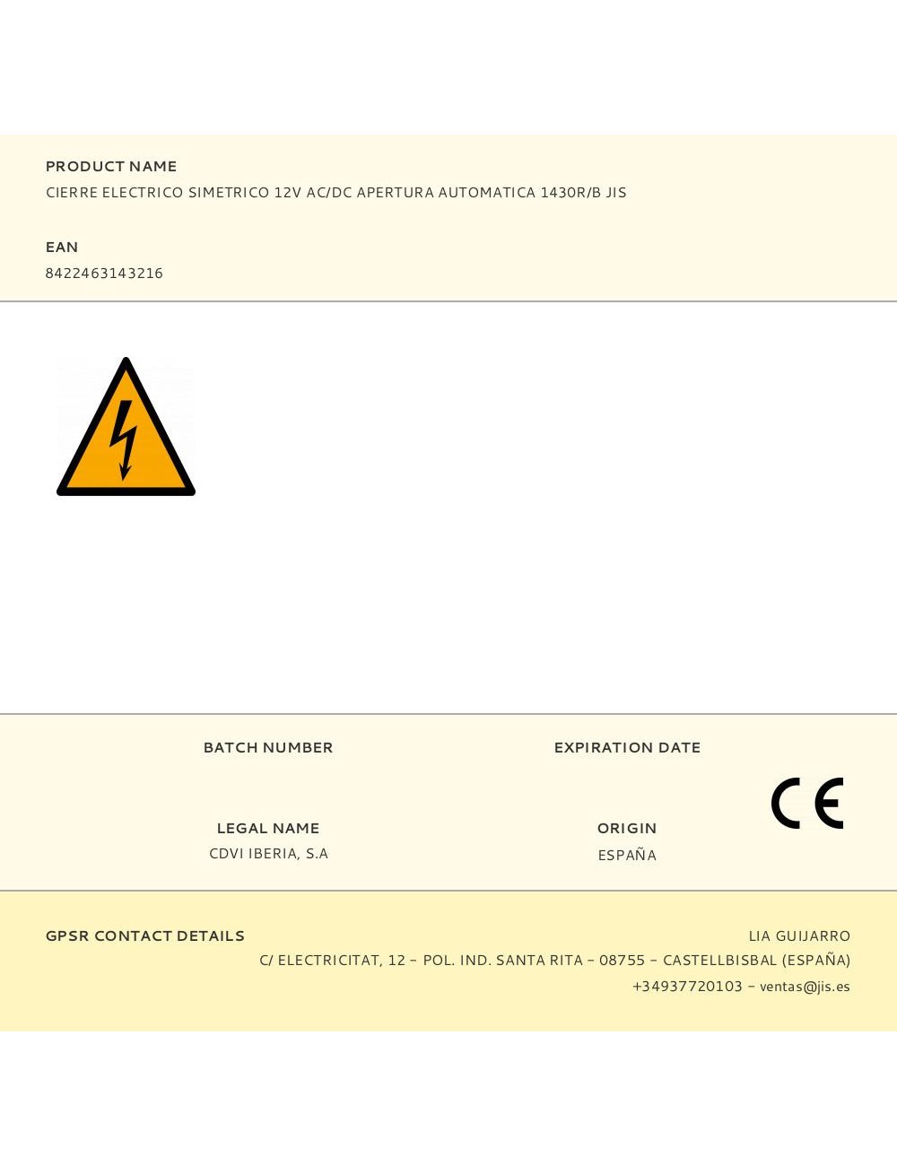 Cierre electrico simetrico 12v ac/dc apertura automatica 1430r/b jis