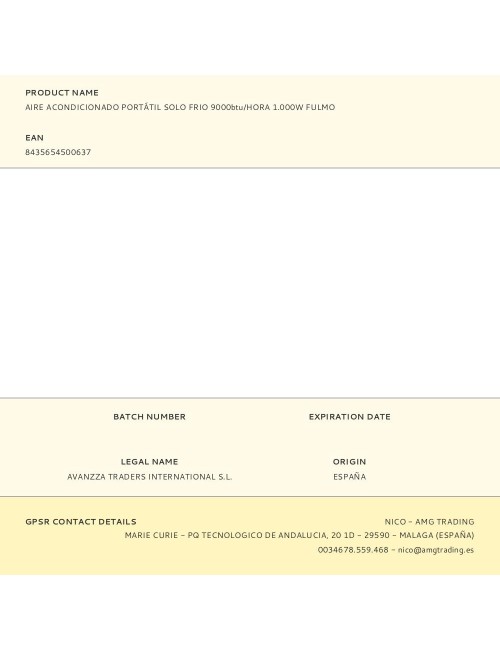 Aire acondicionado portátil solo frio 9000btu/hora 1.000w fulmo