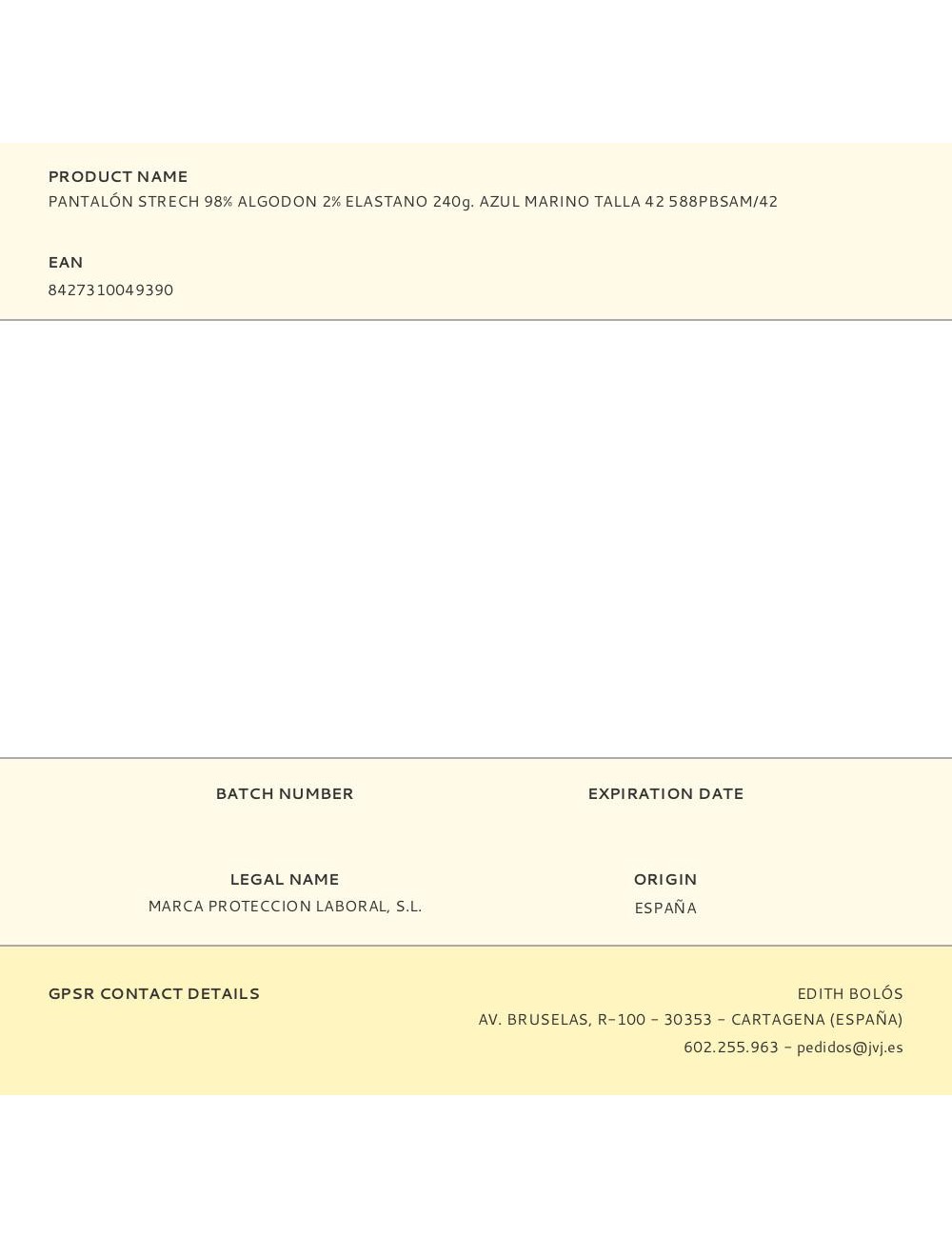 Pantalón strech 98% algodon 2% elastano 240g. azul marino talla 42 588pbsam/42