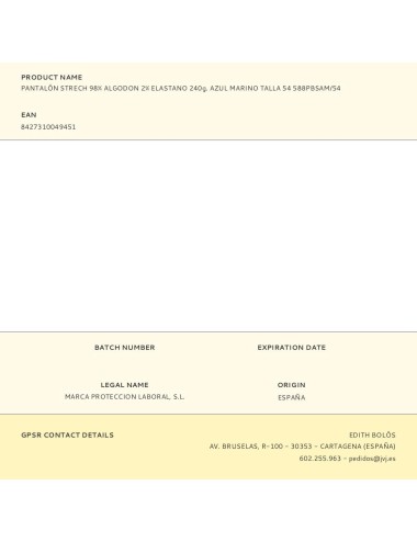 Pantalón strech 98% algodon 2% elastano 240g. azul marino talla 54 588pbsam/54