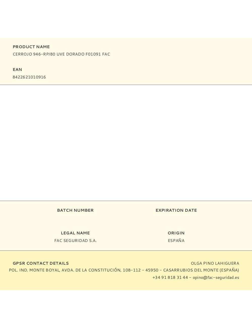 Cerrojo 946-rp/80 uve dorado f01091 fac