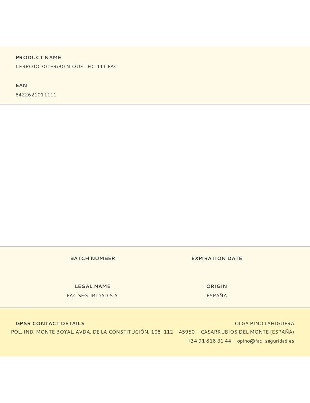 Cerrojo 301-r/80 niquel f01111 fac