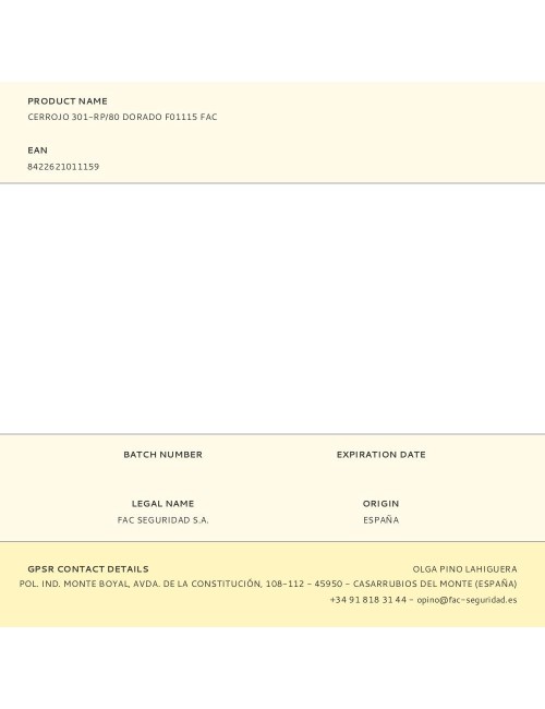 Cerrojo 301-rp/80 dorado f01115 fac