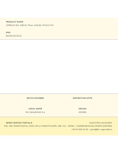 Cerrojo 301-r/80 b-70mm. niquel f01513 fac