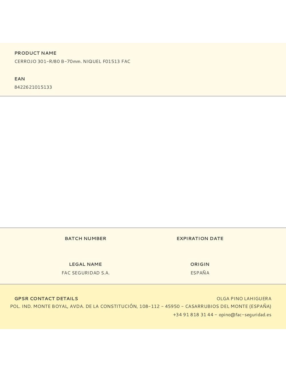 Cerrojo 301-r/80 b-70mm. niquel f01513 fac