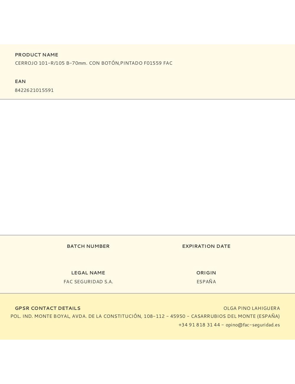 Cerrojo 101-r/105 b-70mm. con botón,pintado f01559 fac