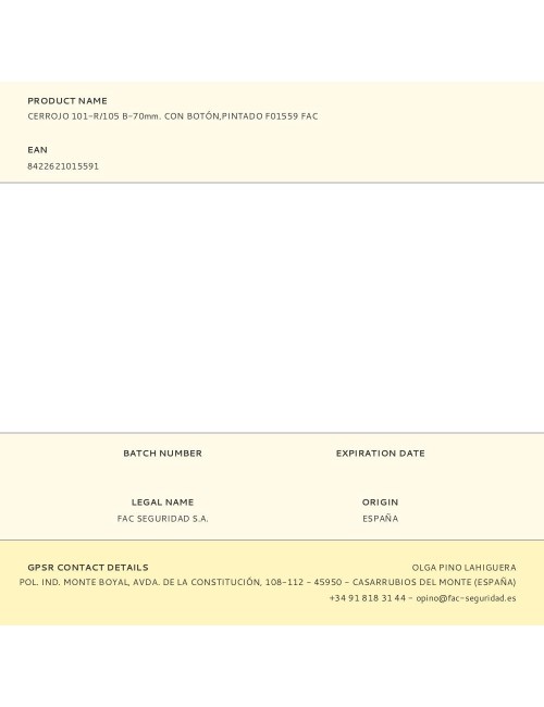 Cerrojo 101-r/105 b-70mm. con botón,pintado f01559 fac