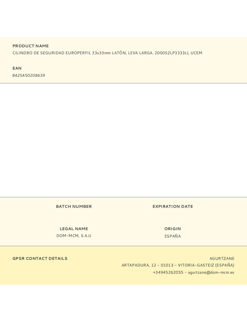 Cilindro de seguridad europerfil 33x33mm latón, leva larga. 2000s2lp3333ll ucem