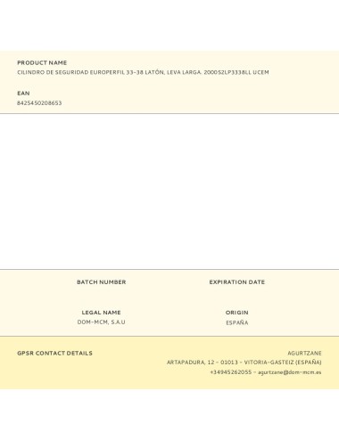 Cilindro de seguridad europerfil 33-38 latón, leva larga. 2000s2lp3338ll ucem