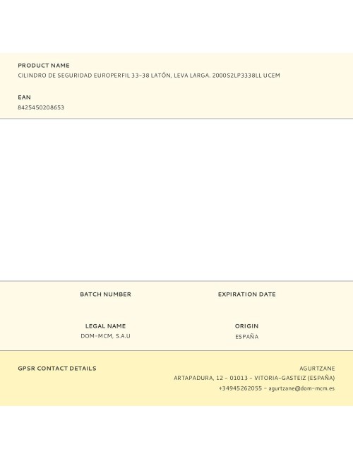 Cilindro de seguridad europerfil 33-38 latón, leva larga. 2000s2lp3338ll ucem