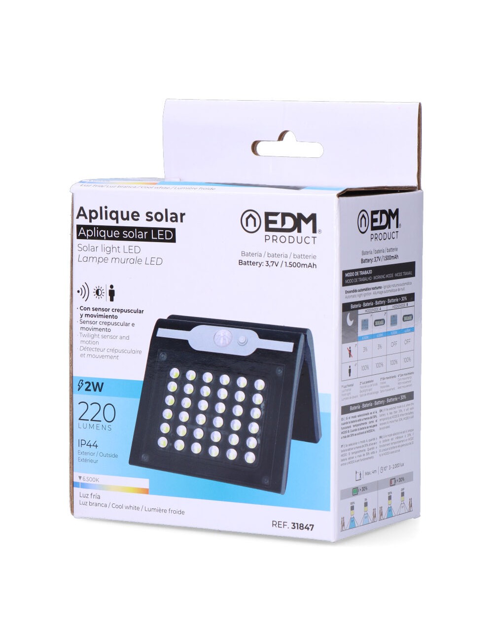 Aplique solar con sensor color negro, 2 w