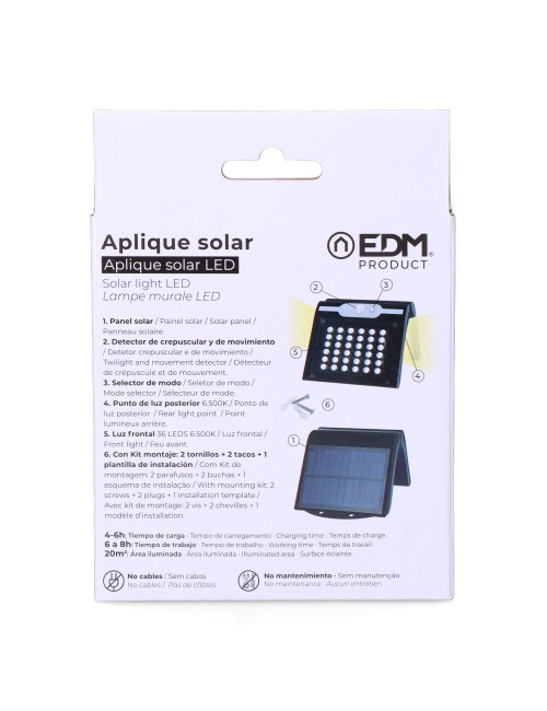 Aplique solar con sensor color negro, 2 w
