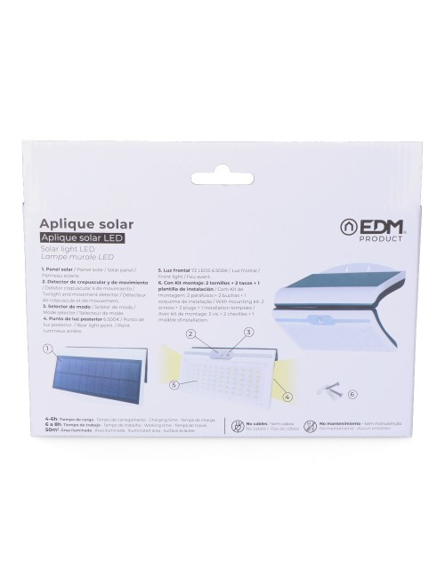 Aplique solar 6w 430lm 6.500k con sensor, color blanco