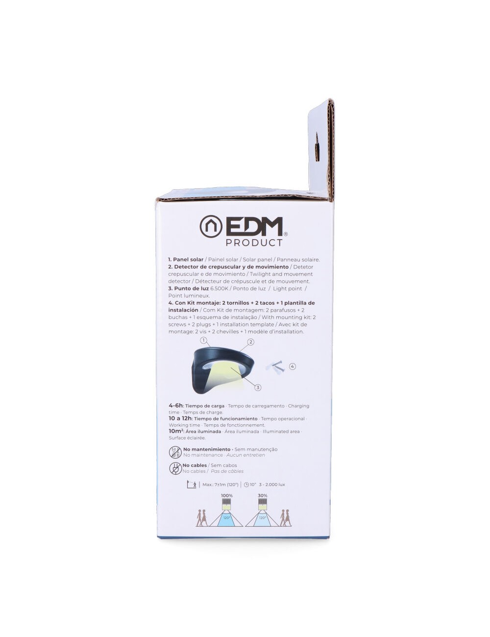 Aplique solar 2w 200lm 6500k con sensor color negro edm