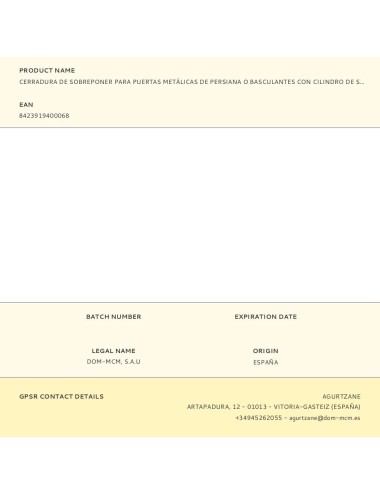 Cerradura de sobreponer para puertas metálicas de persiana o basculantes con cilindro de serreta de tres llaves. 1511v mcm