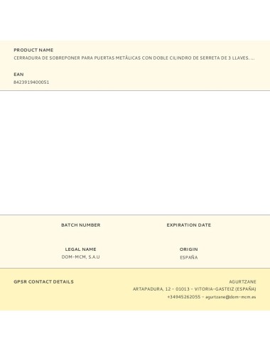 Cerradura de sobreponer para puertas metálicas con doble cilindro de serreta de 3 llaves. 1511av mcm