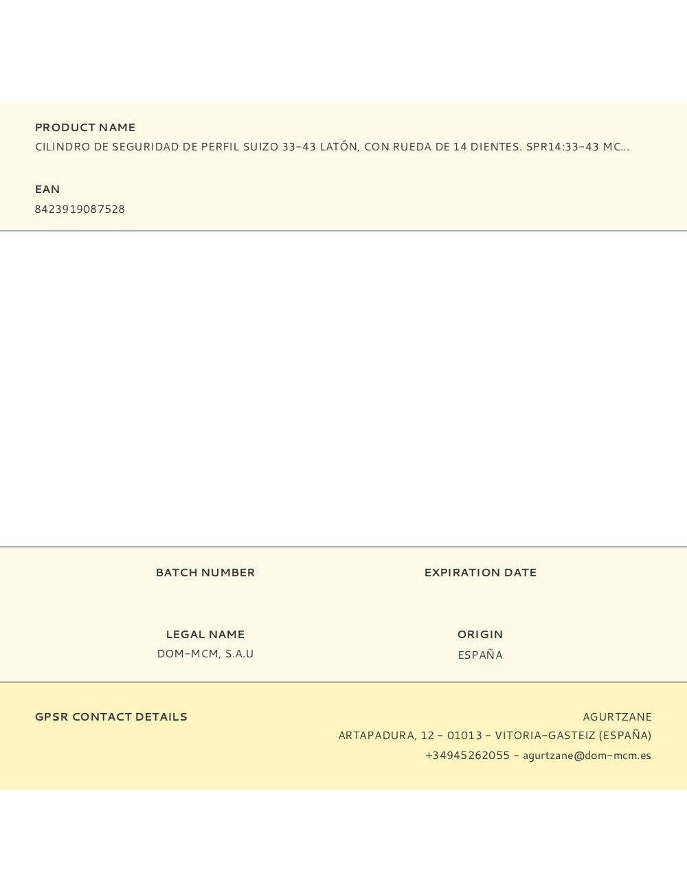 Cilindro de seguridad de perfil suizo 33-43 latón, con rueda de 14 dientes. spr14:33-43 mcm