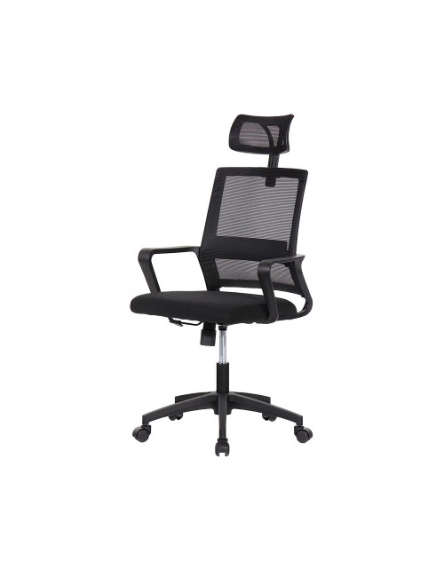 Silla de oficina ergonómica negra con respaldo en malla de nylon