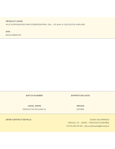 Hilo dispensador para desbrozadora: 25m - ø1,6mm x 71021x2516 garland