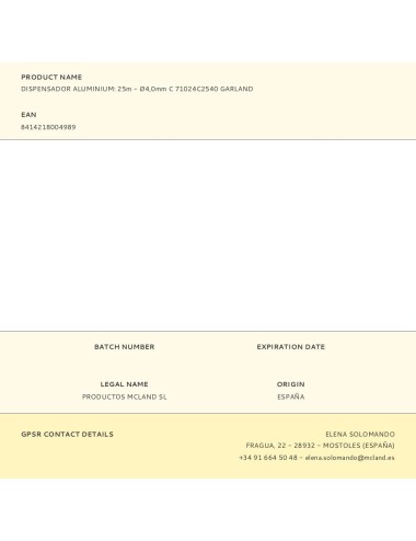 Dispensador aluminium: 25m - ø4,0mm c 71024c2540 garland