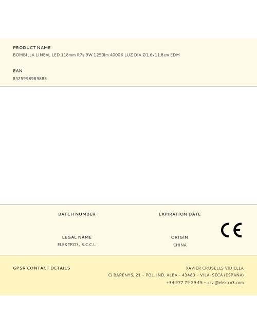 Bombilla lineal led 118mm r7s 9w 1250lm 4000k luz dia ø1,6x11,8cm edm