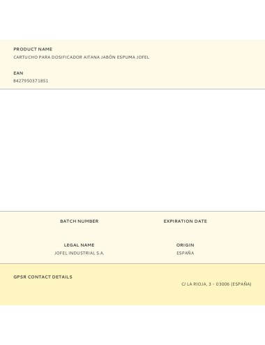 Cartucho para dosificador aitana jabón espuma jofel