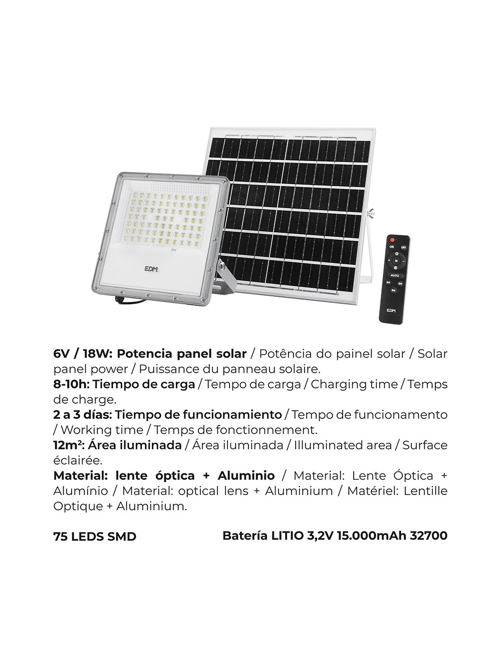 Foco proyector led solar 200 w 1500 lm 6500 k luz fría