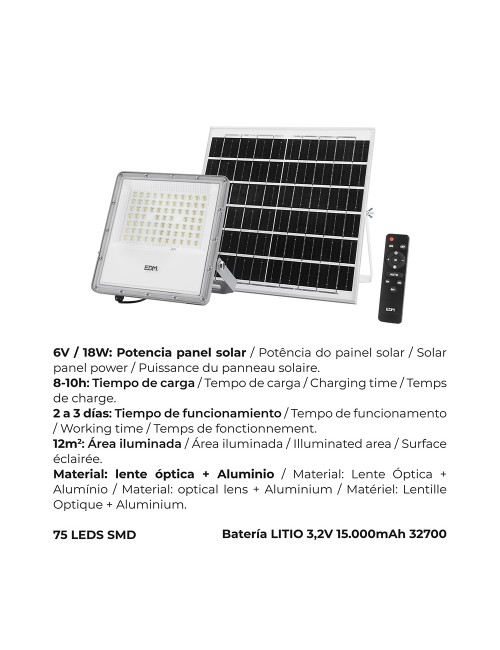 Foco proyector led solar 200 w 1500 lm 6500 k luz fría