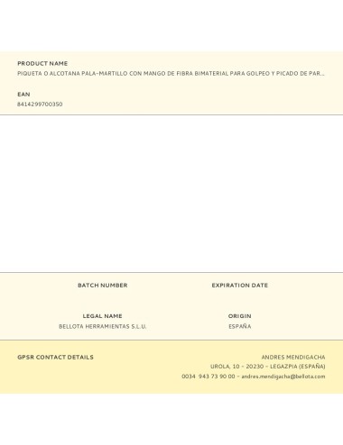 Piqueta o alcotana pala-martillo con mango de fibra bimaterial para golpeo y picado de paredes. medidas: 203x330x47,5mm viat ...