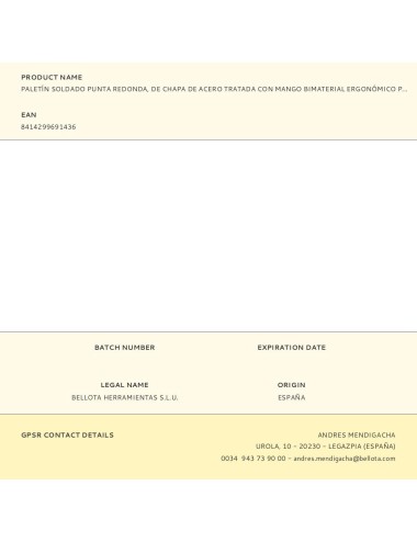 Paletín soldado punta redonda, de chapa de acero tratada con mango bimaterial ergonómico para una mayor comodidad. medidas:  ...