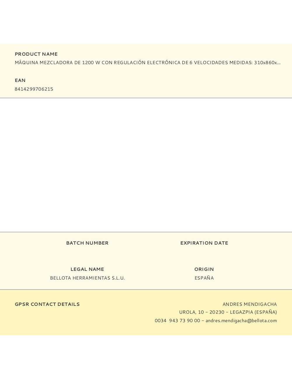 Máquina mezcladora de 1200 w con regulación electrónica de 6 velocidades medidas: 310x860x200mm viatm1200w viat