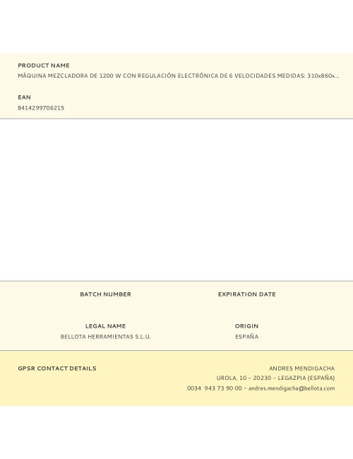 Máquina mezcladora de 1200 w con regulación electrónica de 6 velocidades medidas: 310x860x200mm viatm1200w viat