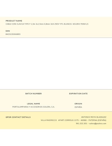 Cable con clavija tipo f 1,5m 3x1.5mm 4,8mm 16a 250v t/tl blanco. solera 7000/1,5