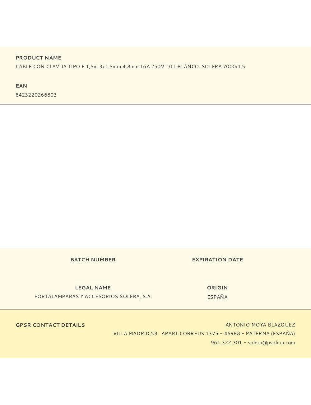 Cable con clavija tipo f 1,5m 3x1.5mm 4,8mm 16a 250v t/tl blanco. solera 7000/1,5