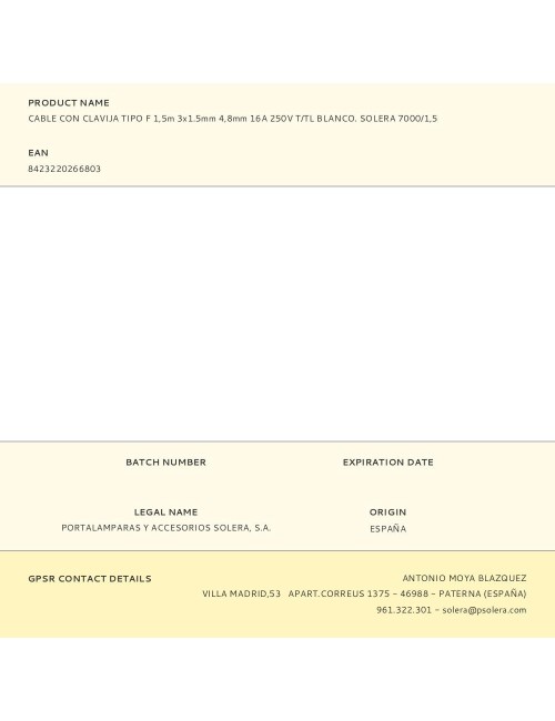 Cable con clavija tipo f 1,5m 3x1.5mm 4,8mm 16a 250v t/tl blanco. solera 7000/1,5