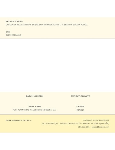Cable con clavija tipo f 2m 3x1.5mm 4,8mm 16a 250v t/tl blanco. solera 7000/2.